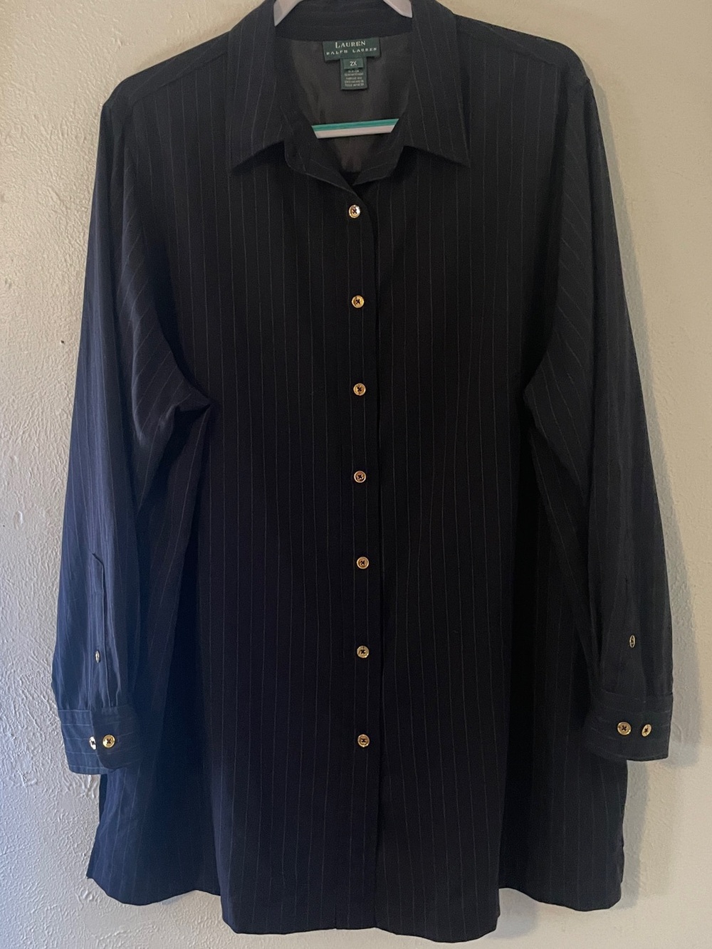 Lauren Ralph Lauren Vintage Dark Navy Pinstripe Wool Shirt Gold Buttons 2X